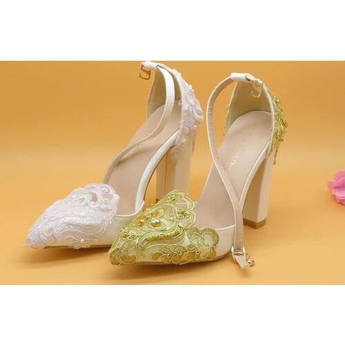 BaoYaFang Lace Wedding Shoes 11cm Thick Heel High Pumps Pointed Toe women Fashion Ankle Strap Shoes Lace-up Party Dress Shoe