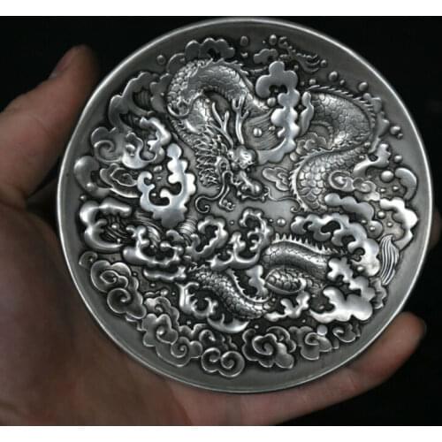 Chinese Dynasty Miao Silver Platinum Dragon Loong Pattern Plate Dish Fruit Tray