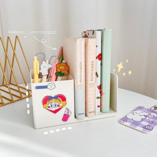 Yisuremia 2021 Kawaii Multi-Function Desktop Pen Holder Bookend Desk Storage Box Organizer School Office Stationery Free Sticker
