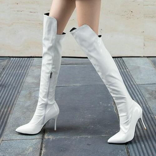 Sexy Thin High Heel Over The Knee Boots Ladies New Patent Leather Street Zipper Womens Shoes Womens Autumn Winter Warm Boots