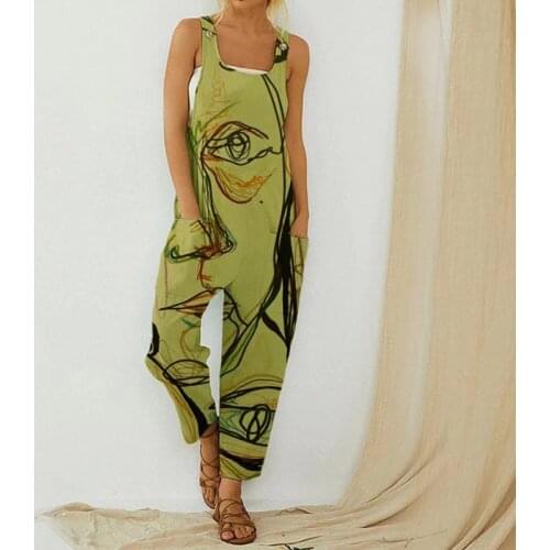 Ladies summer new style abstract printed loose cotton and linen buttoned jumpsuit ladies sleeveless wide-leg jumpsuit overalls