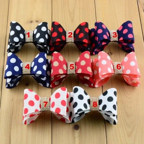 3.2" Newborn Luxe Dot Hair Bows 8colors Handmade Hard Satin Bowknot with rhinestone button For girls Hair Accessories