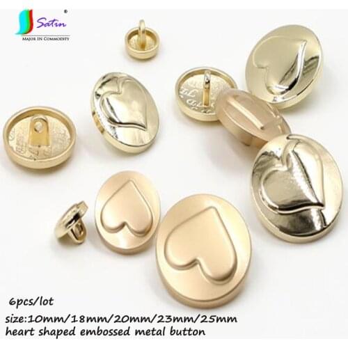 6pcs High Quality Fashion size 10/18/20/23/25mm Metal Heart Shape Embossed Button Hand Sewn Coat Pants Decorative Metal Button