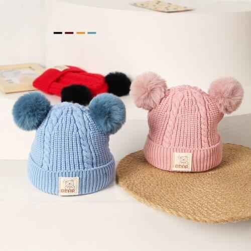 Baby Winter Knitted Hat Double Pompom Kids Boy Girl Hats Cute Bear Crochet Twist Cap Warm Thicker Children Infant Beanie