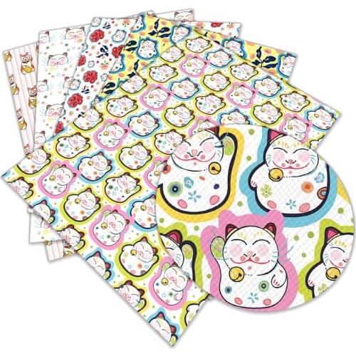 Printed Artificial Synthetic Leather Cartoon Lucky Cat Pattern for Bow Synthetic Leather DIY Decoration Crafts A4 22*30CM