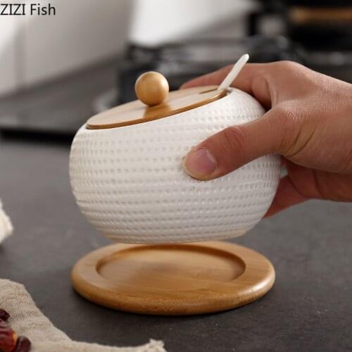 Japanese-style Creative Ceramics Single Spice Jar Kitchen Storage Home Decorations with Lid with Spoon