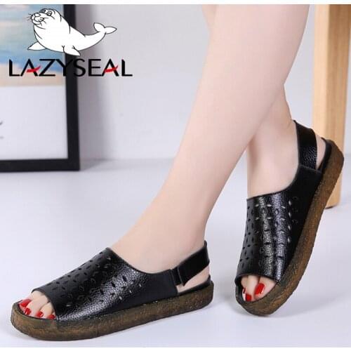 LazySeal Flat Back Strap Genuine Leather Sandals Women Summer Shoes Hollow Ladies Platform Sandals Womens Beach Shoes For Female