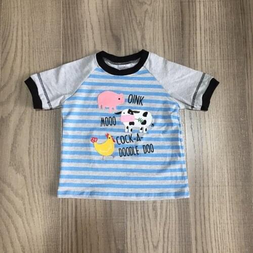 Baby boys summer clothes farm T-shirts baby kids stripe blue top pig milk cow chook print shirt