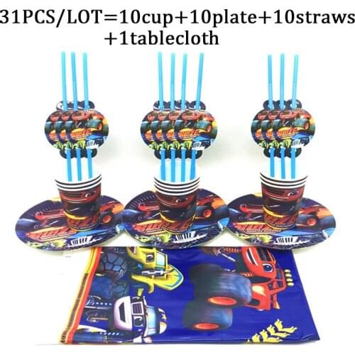 Disney Blaze And Machines Car Party Supplies Paper Cup+Plate+Straw+Tablecloth Baby Shower Tableware Kids Birthday Party Set 31PC