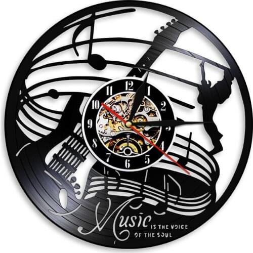 Music Is The Voice Of The Soul Guitar Rock Band Vinyl Record Wall Clock Music Studio Decor Guitarist Cut Out Longplay Wall Clock