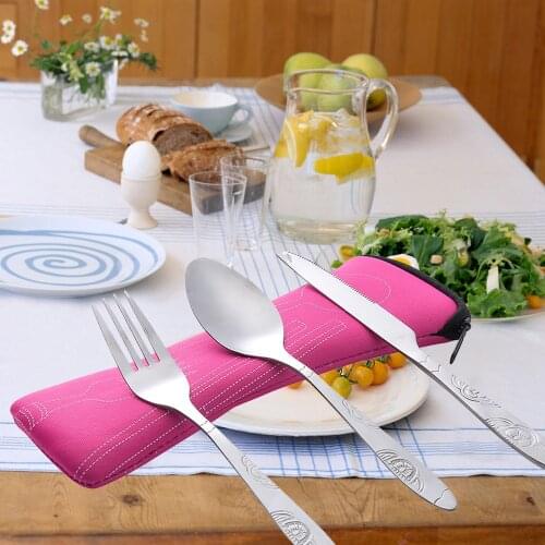 New Portable 3Pcs Stainless Steel Fork Spoon Tableware Set Outdoor Travel Cutlery Silverware Cover Tableware Travel