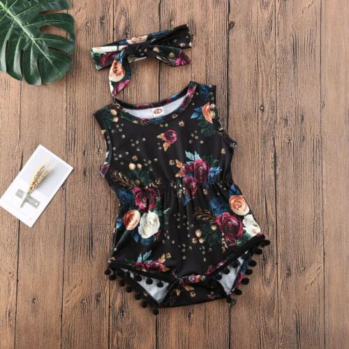 Newest Summer Newborn Baby Girls Floral Bodysuits Tassle Jumpsuit Cute Toddler Kids Sunsuit+Headband 2Pcs Outfits Clothes