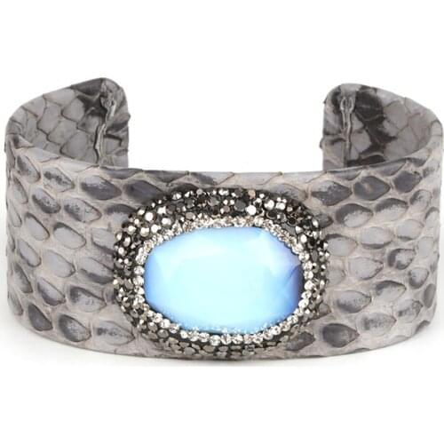 Faceted oval sky blue stone bead charm pave rhinestone resizable dark grey snake leather wide wrap open bangle cuff for women