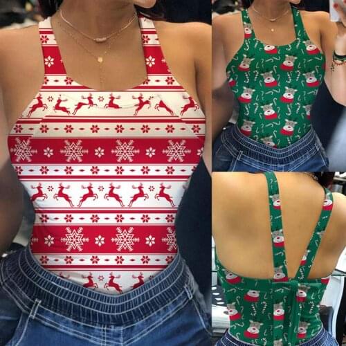 Xmas Sleeveless Bodycon Tank Tops Women Christmas Deer Printed Women Casual Off Shoulder Slim Camis Sexy Backless Bow Vest Tops