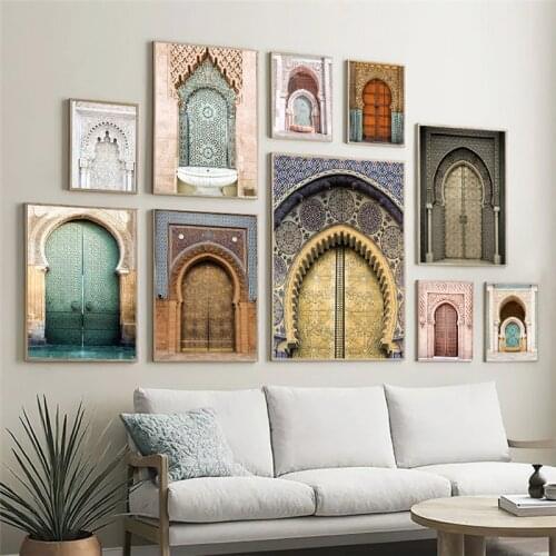 Nordic Canvas Prints Islamic Architecture Poster Moroccan Door Wall Art Vintage Painting Muslim Wall Pictures Living Room Decor