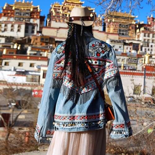 KHALEE YOSE Vintage Embroidery Denin Jacket Gypsy Hippie Jean Jackets Sequin Long Sleeve Oversized Ethnic Jacket Womens Autumn