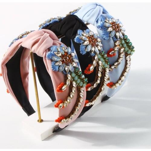 Embroidery Flower Headbands For Women Girls Crystal Rhinestone Hairbands Top Knotted Crown Hair Hoop Handmade Hair Accessories
