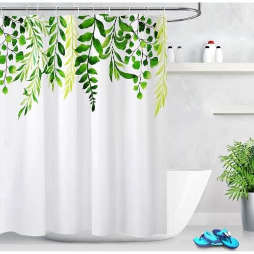 Watercolor Green Leaves Shower Curtain Spring Botanical Plant Branch Leaf Pattern Bathroom Curtain Polyester Fabric with Hooks