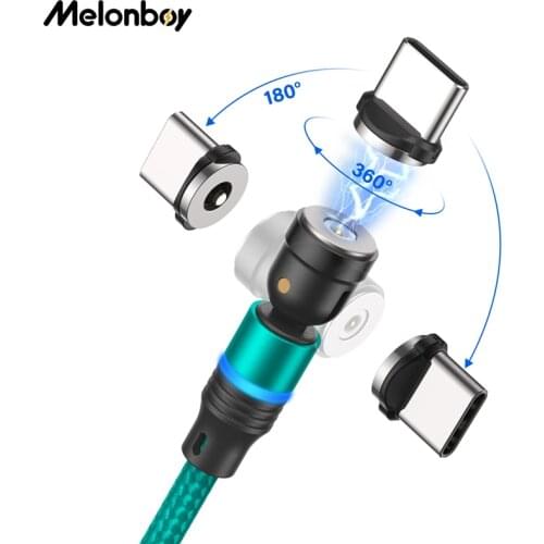 Melonboy 540 Rotation Led Magnetic Plug Charging Cable Micro Usb Type C Cable Phone Charging Cord for Xiaomi iPhone Huawei wire