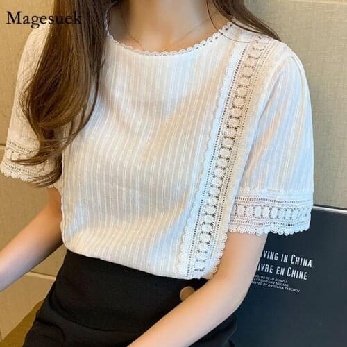 Summer Short Sleeve Shirt Korean Style White Pink Hollow Out Lace Blouse Women 2021 Solid Elegant Office Lady Tops Blusas 9602