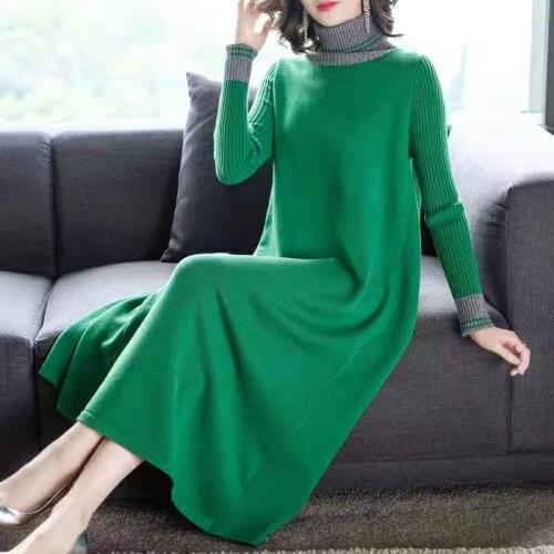 Women 2020 Autumn Winter Fashion Long Bottoming Sweater Dresses Female Turtleneck Loose Vestidos Ladies Knitted Warm Dress V333
