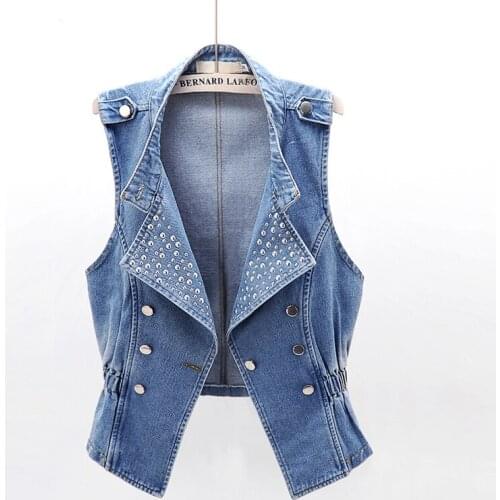 Sleeveless Vest Women Denim Jacket Spring Autumn Slim Riveting Vintage Short Denim Vests Casual Female Jeans Jackets Waistcoats