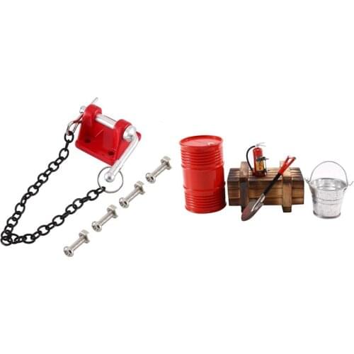 2 Set RC Car Part: 1 Set RC Car Tow Shackle Trailer Hook & 1 Set Simulation Fire Extinguisher Oil Drum Shovel Model