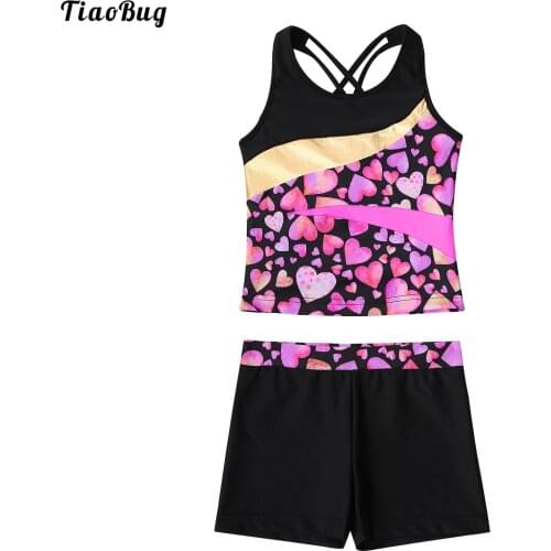 TiaoBug Summer 2Pcs Kids Girls Swimsuit Round Neck Straps Cross At Rear Color Contrast Patchwork Print Tops And Shorts Swimwear