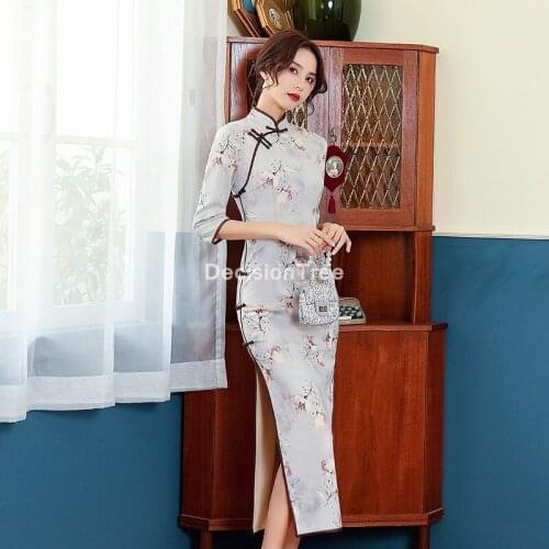 2021 chinese female qipao robe long style cheongsam women traditional chiffon half sleeve dress formal party gown vestidos