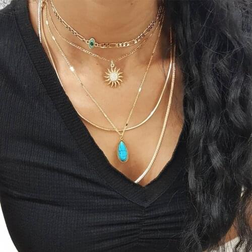5 Pcs/Set Retro Necklaces Women Boho Natural Stone Eyes Crystal Flower Pendant Gold Necklace Party Wedding Fashion Jewelry