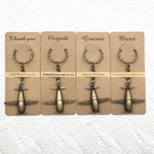 50pcs/lot Wedding Favors Back Gifts for Guests Happy Birthday Gifts Vintage Airplane Key chain with Personalized Thank you Card