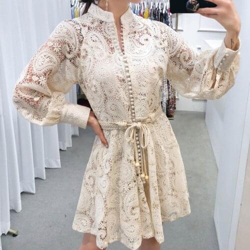 Retro Beige Hollow Out Crochet Lace Dress Single Breasted Sashes Mini Dresses