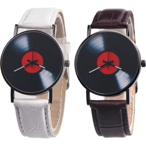 Women Mens Couple Watches Retro Vinyl Record Dial Faux Leather Men Women Analog Quartz Wrist Watch Gift Creative Records CD