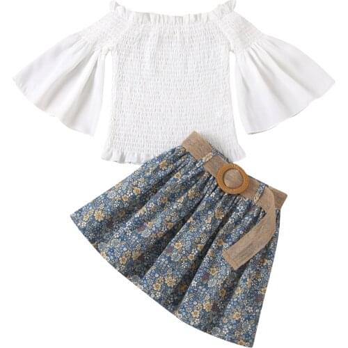 Citgeett Summer Kids Girls 2Pcs Clothes Set White Flared Sleeve Ruffled Neck Tops Flower Printed Skirt Set
