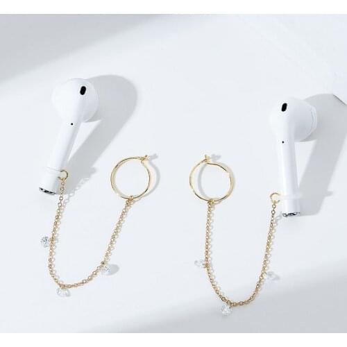 Women AAA Zircon Star Rhinestone Copper Long Chain Drop Cuff Earring Wireless Earphone Anti Lost for Apple Airpods Headphone