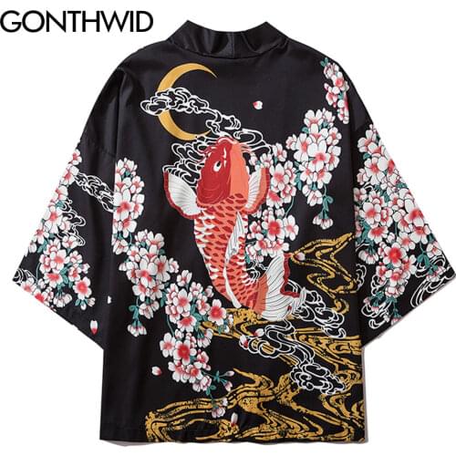GONTHWID Kimono Cardigan Jackets Shirts Mens Carp Fish Koi Cherry Blossoms Print Japanese Open Front Shirt Causal Yukata Tops