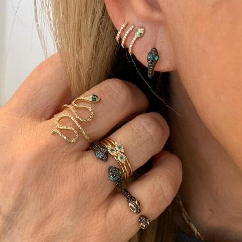 Black gold color cute cool classic snake shape wrap finger rings for women girl sparking cz paved open adjusted luxury jewelry