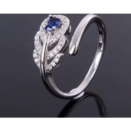 Fashion Silver Feather Ring with Gemstone 3mm*4mm Natural Sapphire Ring 925 Silver Sapphire Jewelry Gift for Woman