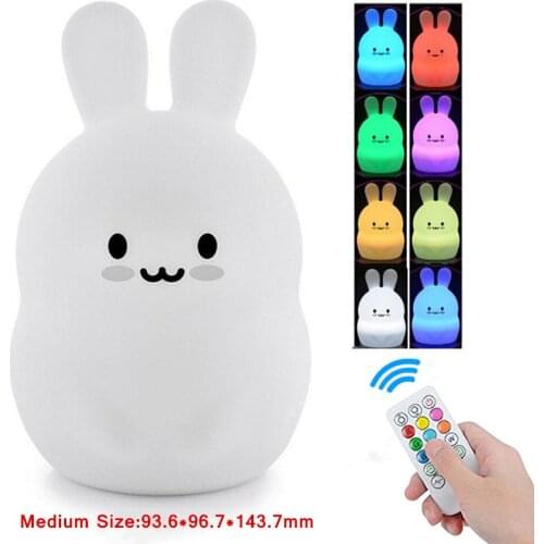 Rabbit LED Night Light Touch Sensor Remote Control 9 Colors Dimming Timer USB Rechargeable Silicone Bunny Lamp for Children Baby