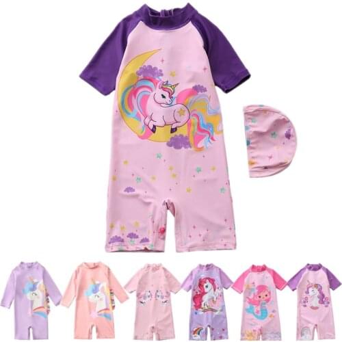 UPF50+ Unicorn Print Baby Girl Swimsuit Mermaid Kids Swimwear Two Piece Toddler Infant Bathing Suit for Girls Children Cap