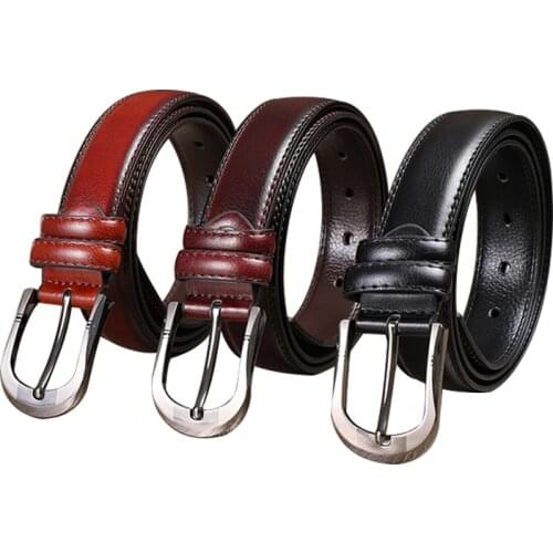 Men Concise Leather Belt With Double Car Lines Strap Leather Luxury Pin Buckle Black Belts For Men