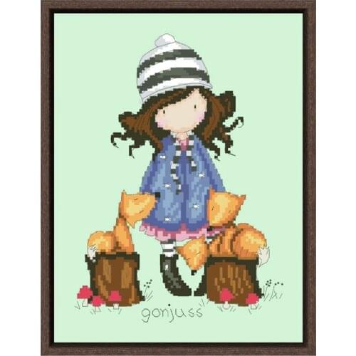 With foxes cross stitch kits package cartoon girl 18ct 14ct 11ct light green fabric embroidery DIY handmade needlework
