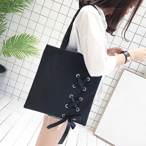 New Womens Casual Lace-up Canvas Tote Bag Female Canvas Shoulder Bags crossbody bags for women Beach bag bolso mujer(Black)