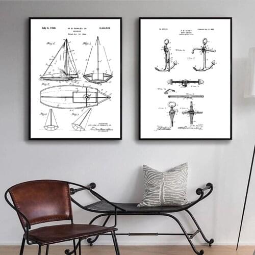 Sailboat Patent Print Vintage Poster Sailor Gifts , Yacht Anchor Ship Wheel Sailing Blueprint Nautical Wall Art Canvas Painting