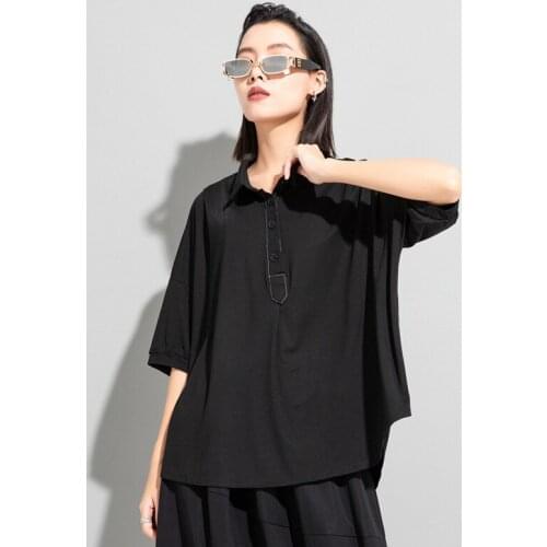 Womens new summer street fashion brand asymmetrical loose casual large lapel short sleeve T-shirt