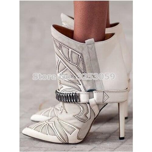 Women Chic Wine Red Black Blue Suede Patchwork Dress Boots Embroidered Buckle Strap Thick High Heel Ankle Boots Gladiator Boots