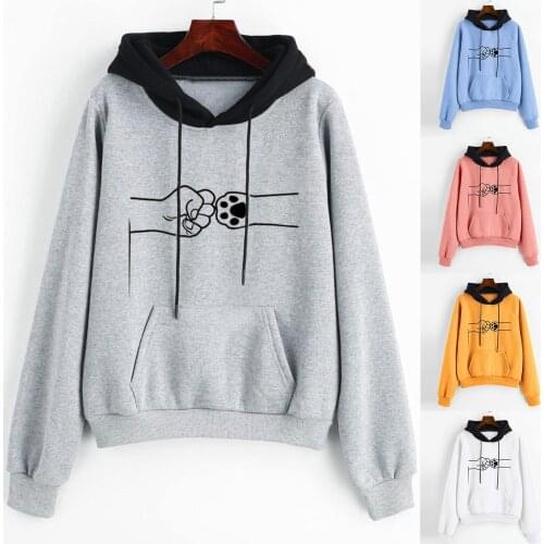 Ladies Pullover Fashion Fist Animal Footprint Print Long Sleeve Hooded Sweater Top Casual Ladies Street Hip Hop Clothing Hoodie