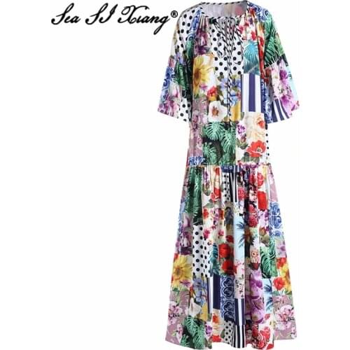 Seasixiang Fashion Designer Summer Maxi Dress Women O-Neck Flare Sleeve Flower Print Bohemian Loose Long Dress