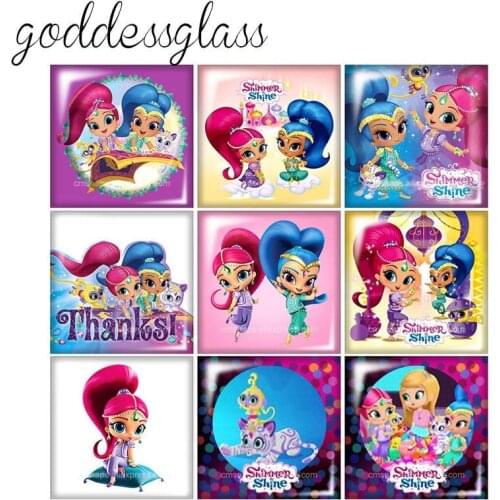 Disney Shimmer Shine Cute Square 10pcs 12mm/20mm/25mm photo glass cabochon demo flat back bracelet Jewelry Making findings