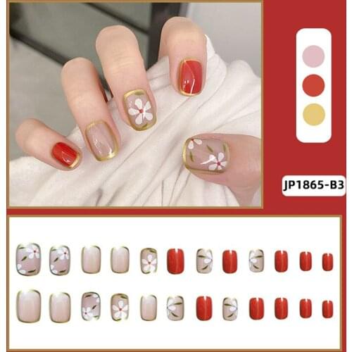 24pcs Flower Printed Nail Patch with Phnom Penh Glue Type Removable Short Paragraph Fashion Manicure False Nail Patch MP